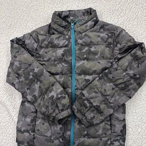 Uniqlo Kids Camouflage Down/Feather Puffer Jacket with Teal Zipper